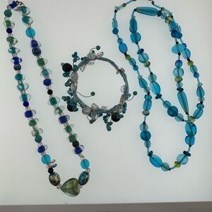 Hand Crafted Blue and Green Glass Beaded Necklace Set Bundle Beautiful Beads